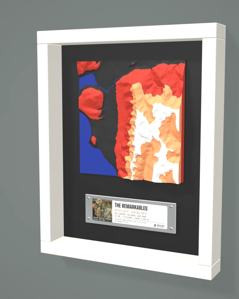 Render: The Remarkables tile in Ember colours in a frame painted off-white.