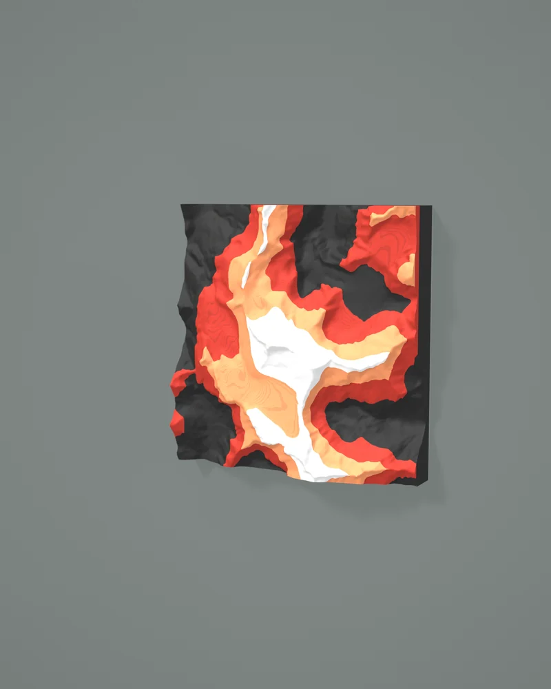 Render: the Tititea / Mt Aspiring tile on its own, hung on a plaster wall, in Ember colours.