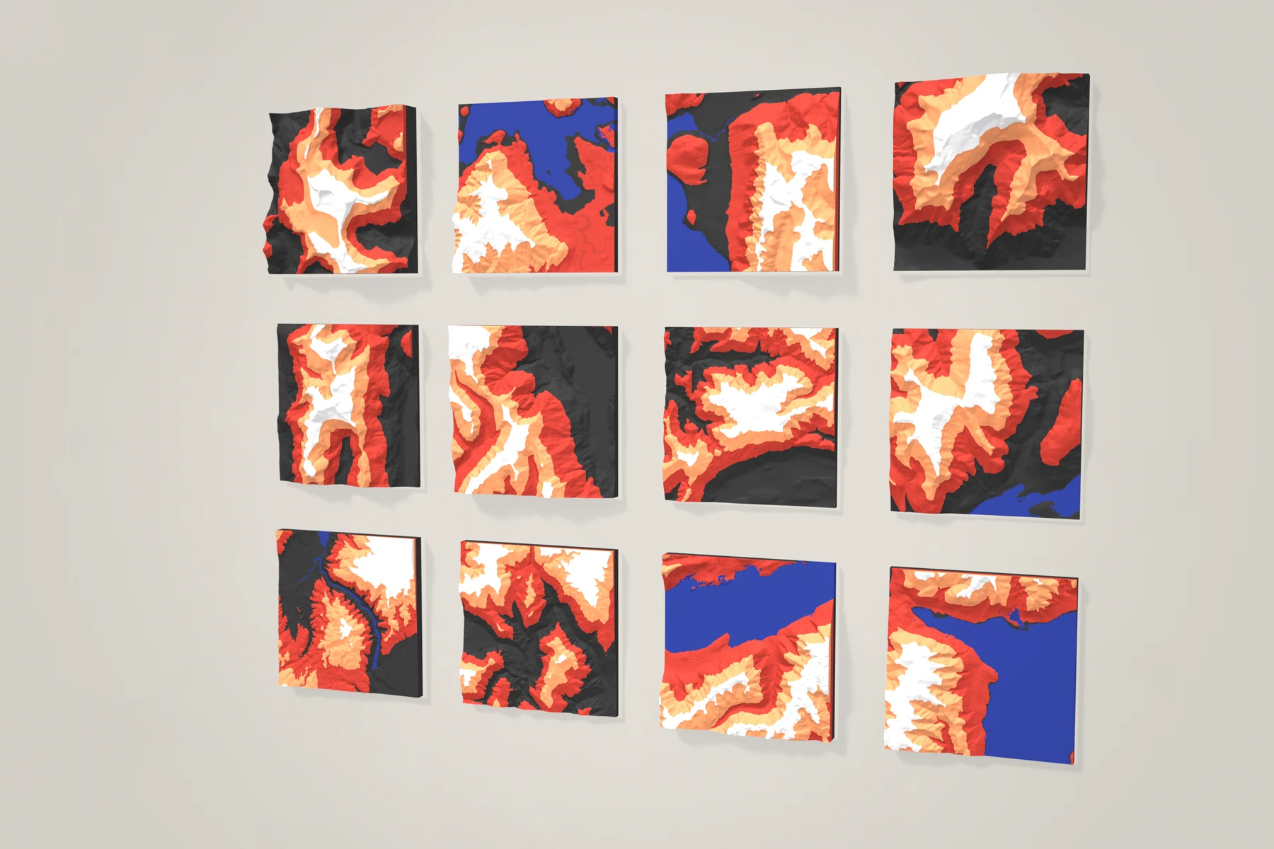 Render: all twelve tiles in Ember colours hung in a grid of four by three on a plain white wall, seen from slightly to the right, each casting a soft shadow.