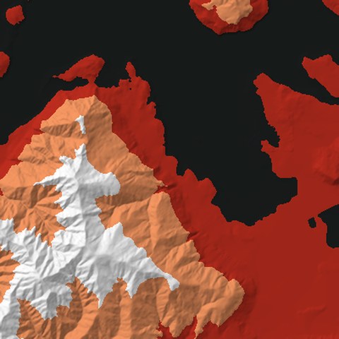 Render from above: the Roys Peak + Lake Wanaka tile, coloured by height, north at the top