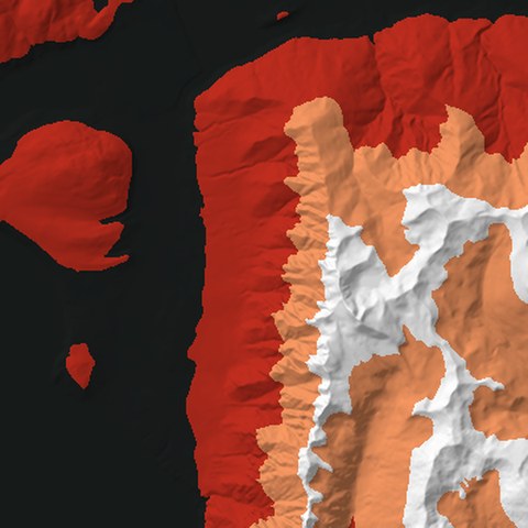 Render from above: the The Remarkables tile, coloured by height, north at the top