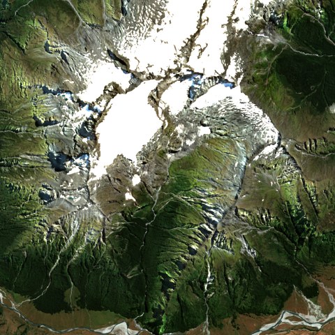 Satellite photo of the same 8 km square around Rob Roy + Matukituki