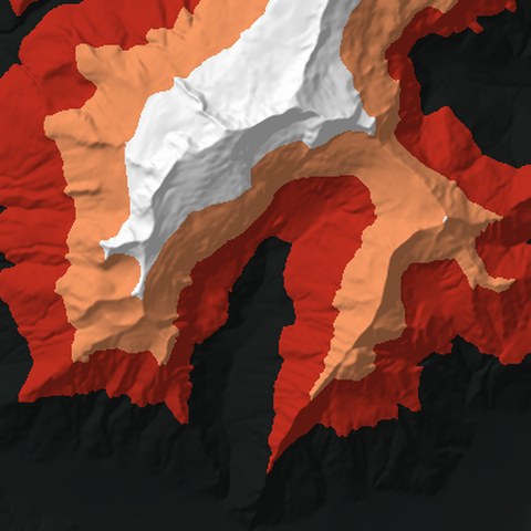 Render from above: the Rob Roy + Matukituki tile, coloured by height, north at the top