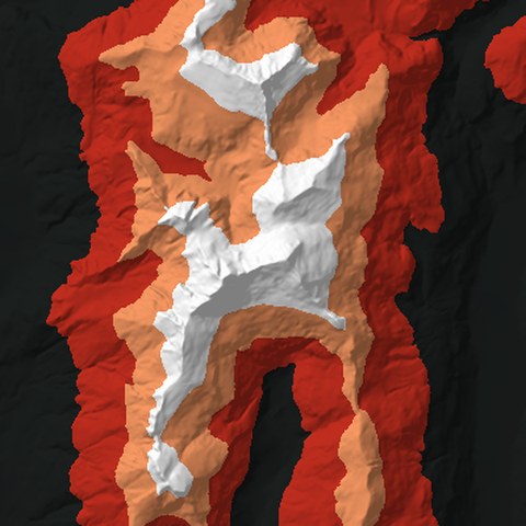 Render from above: the Pikirakatahi / Mt Earnslaw tile, coloured by height, north at the top
