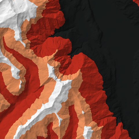 Render from above: the Black Peak + Treble Cone tile, coloured by height, north at the top