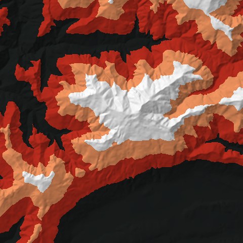 Render from above: the Coronet Peak + Shotover tile, coloured by height, north at the top