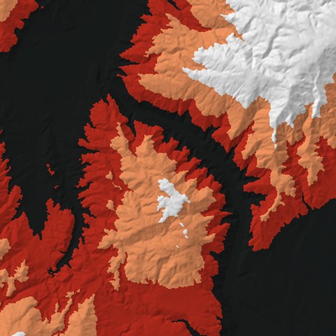 Render from above: the Lake Dunstan + Cromwell Gorge tile, coloured by height, north at the top