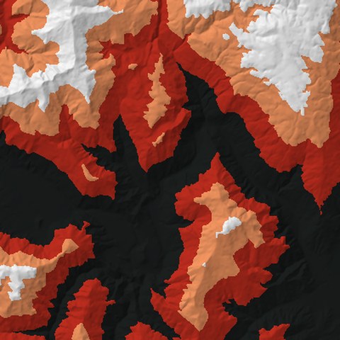 Render from above: the Kawarau Gorge tile, coloured by height, north at the top