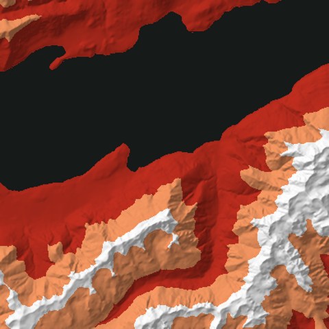Render from above: the Walter + Cecil Peaks tile, coloured by height, north at the top