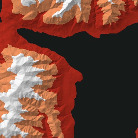 Render from above: the Isthmus Peak tile, coloured by height, north at the top